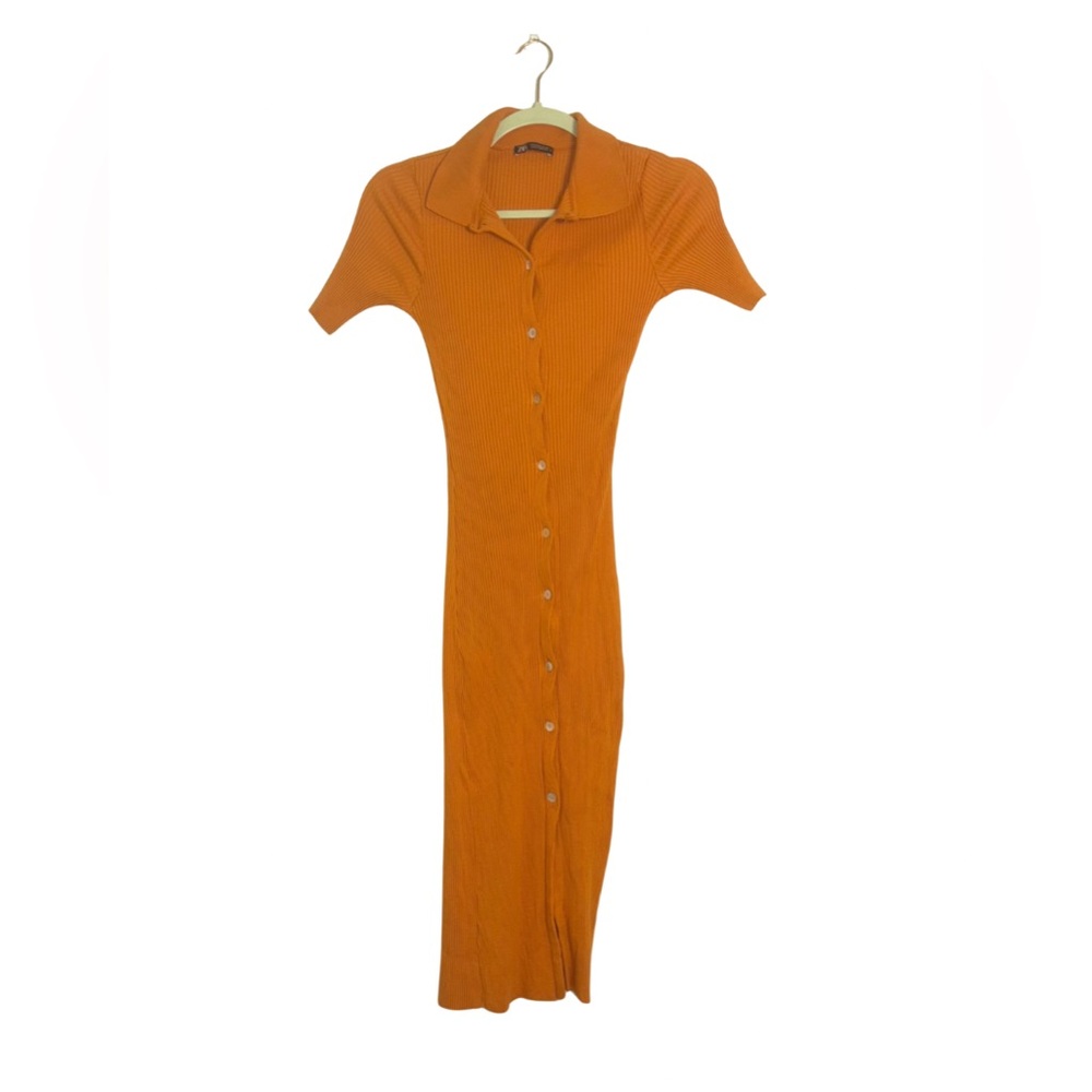 Zara Ribbed Button Midi Dress (Orange) | Size Small